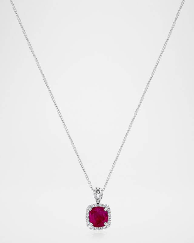 18K White Gold Burma Ruby Necklace with Diamonds, 17.5"L